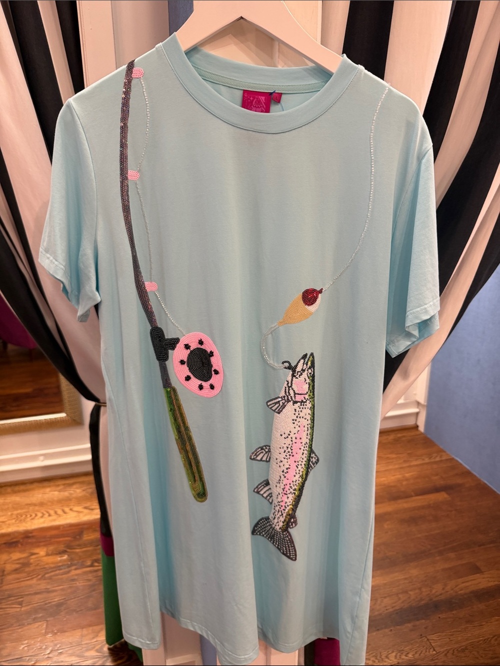 QUEEN OF SPARKLES Light Blue Fishing Graphic Tee with Pink & Green Accents